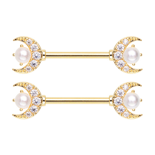 CZ Crystal Crescent Moon with Faux Pearl Nipple Barbells - Pair - 316L Stainless Steel