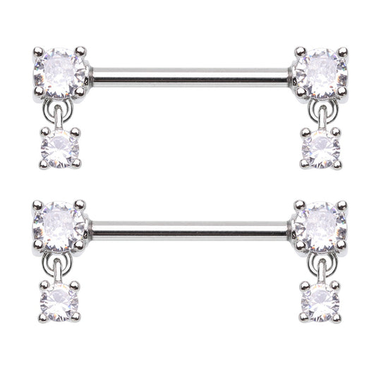 Prong Set CZ Crystal Ends with Dangling Gems Nipple Barbells - Pair - Stainless Steel