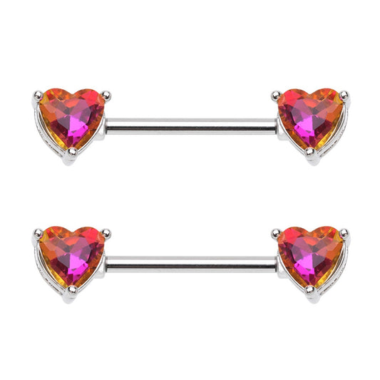 CZ Crystal Heart Ends Nipple Barbells - Pair - Stainless Steel