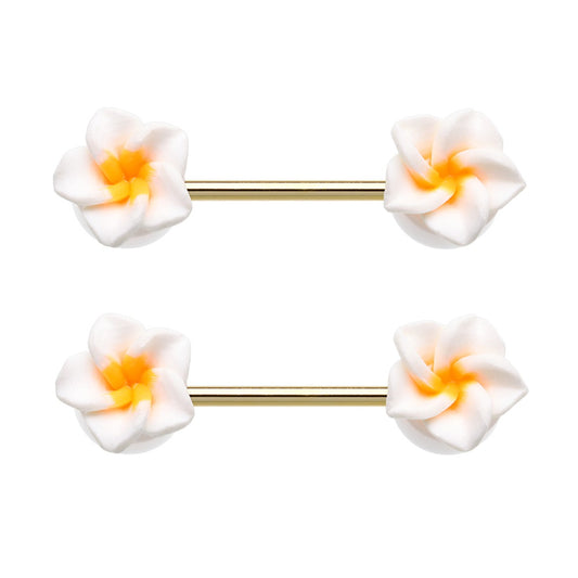 White Plumeria Flower Nipple Barbells - Pair - Stainless Steel