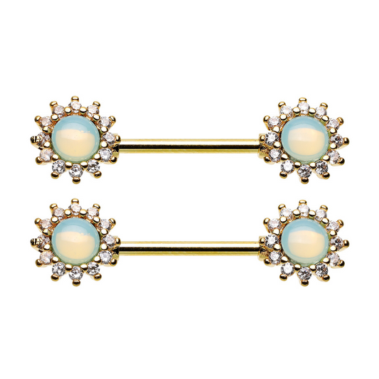 CZ Crystal Vintage Opalite Burst Nipple Barbells - Pair - Gold Plated 316L Stainless Steel
