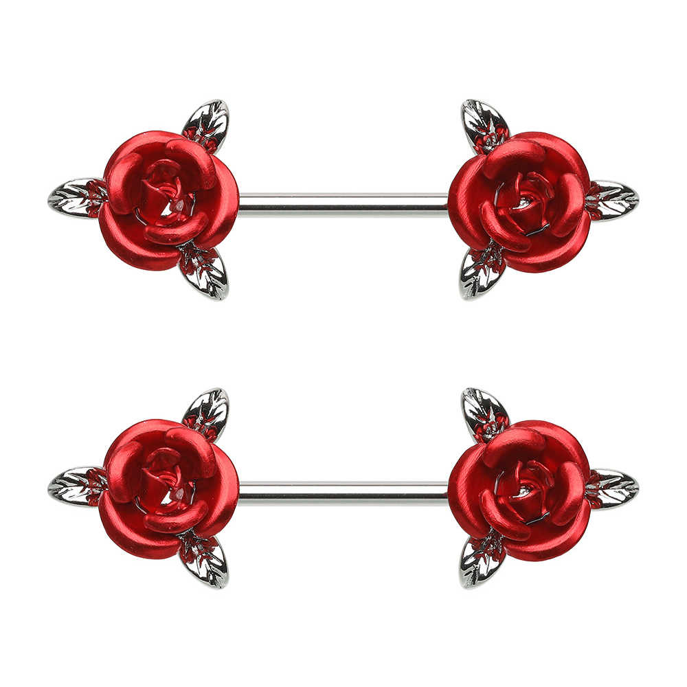 Red Rose Flower Nipple Barbells - Pair - 316L Stainless Steel