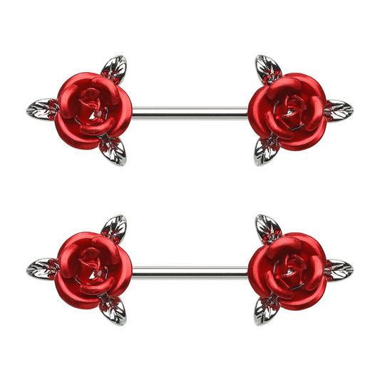 Red Rose Flower Nipple Barbells - Pair - 316L Stainless Steel