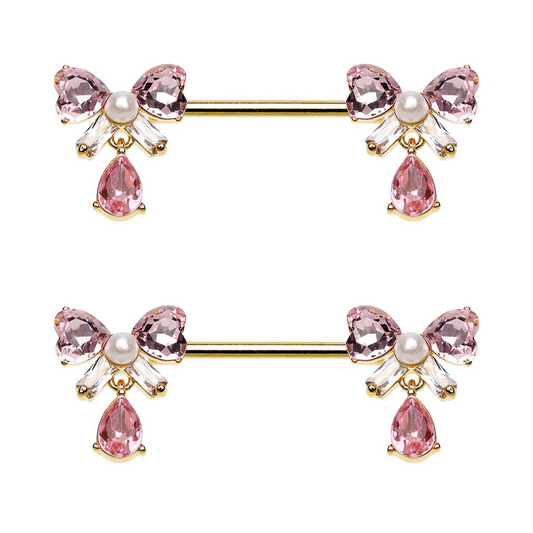 Pink CZ Crystal Bows with Dangling Gems Nipple Barbells - Pair - Gold Plated 316L Stainless Steel