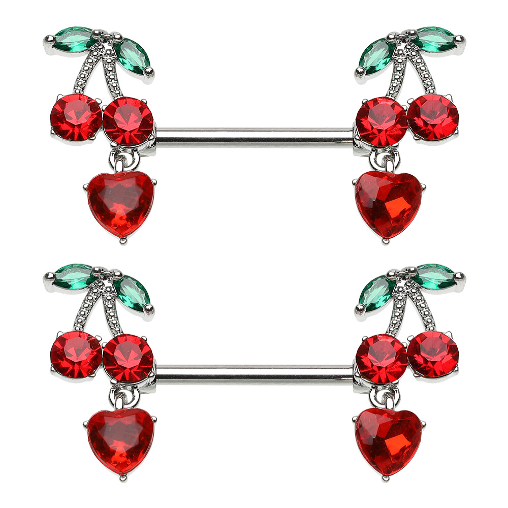 CZ Crystal Red Cherry with Dangling Heart Nipple Barbells - Pair - 316L Stainless Steel