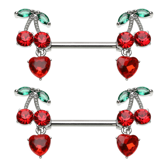 CZ Crystal Red Cherry with Dangling Heart Nipple Barbells - Pair - 316L Stainless Steel