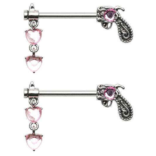 Pistol with Dangling Pink Heart Gems Nipple Barbells - Pair - 316L Stainless Steel