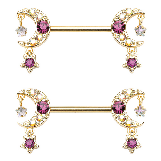 Purple CZ Crystal Crescent Moon with Dangling Gems Nipple Barbells - Pair - Gold Plated 316L Stainless Steel