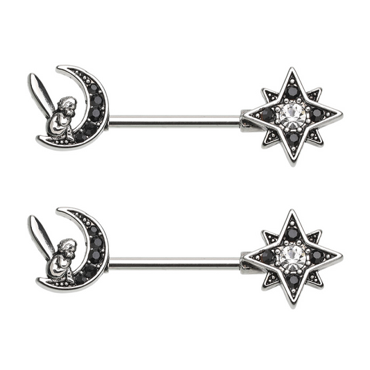 Black Crescent Moon Fairy Sunburst Nipple Barbells - Pair - 316L Stainless Steel