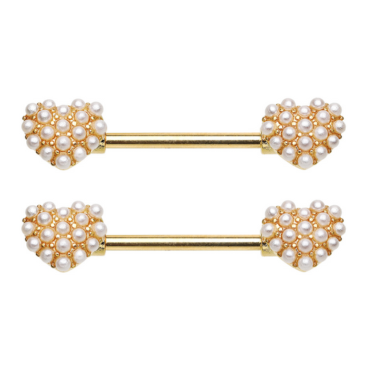Faux Pearl Heart Nipple Barbells - Pair - Gold Plated 316L Stainless Steel