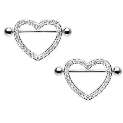 Crystal Lined Heart Shaped Nipple Shields - Pair - Stainless Steel