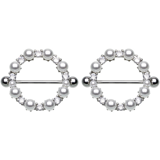 CZ Crystal and Faux Pearl Lined Round Nipple Shields - Pair - 316L Stainless Steel