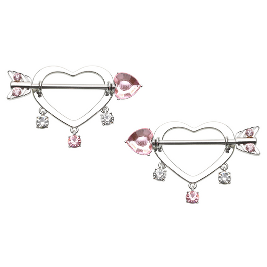 Pink CZ Crystal Cupid's Heart Nipple Shields - Pair - 316L Stainless Steel