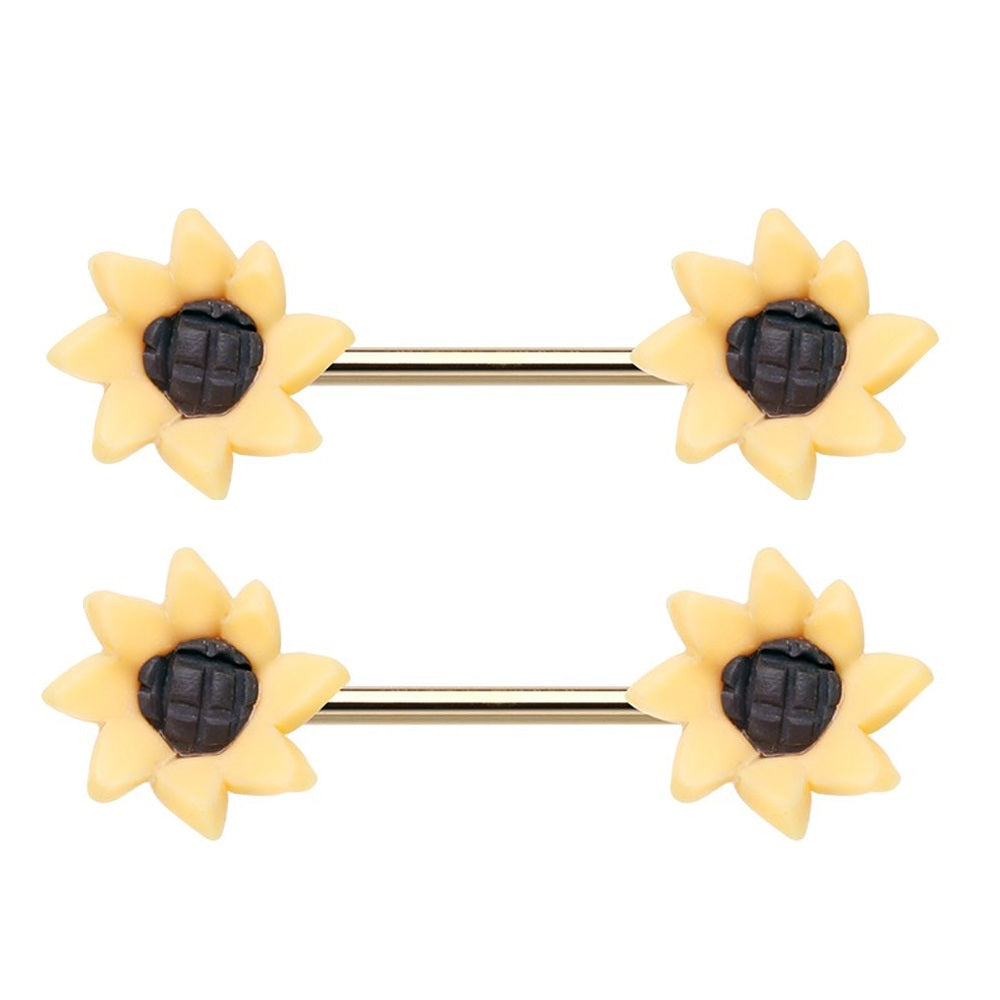 Yellow Sunflower Nipple Barbells - Gold Plated Stainless Steel - Pair