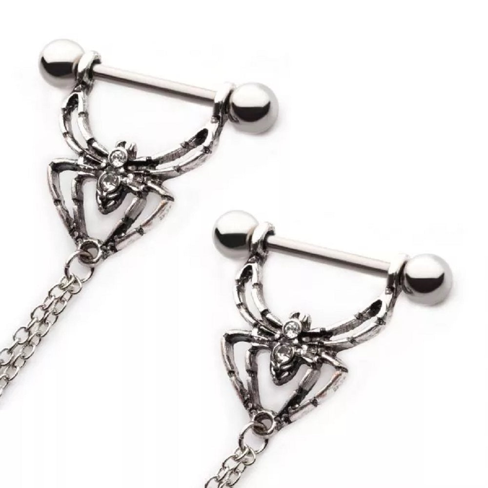 Double Chain Connecting CZ Crystal Spider Nipple Piercing Barbells - 316L Stainless Steel