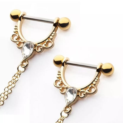 Double Chain Connecting Pear Shaped CZ Crystal Filigree Nipple Barbells - Gold Plated 316L Stainless Steel