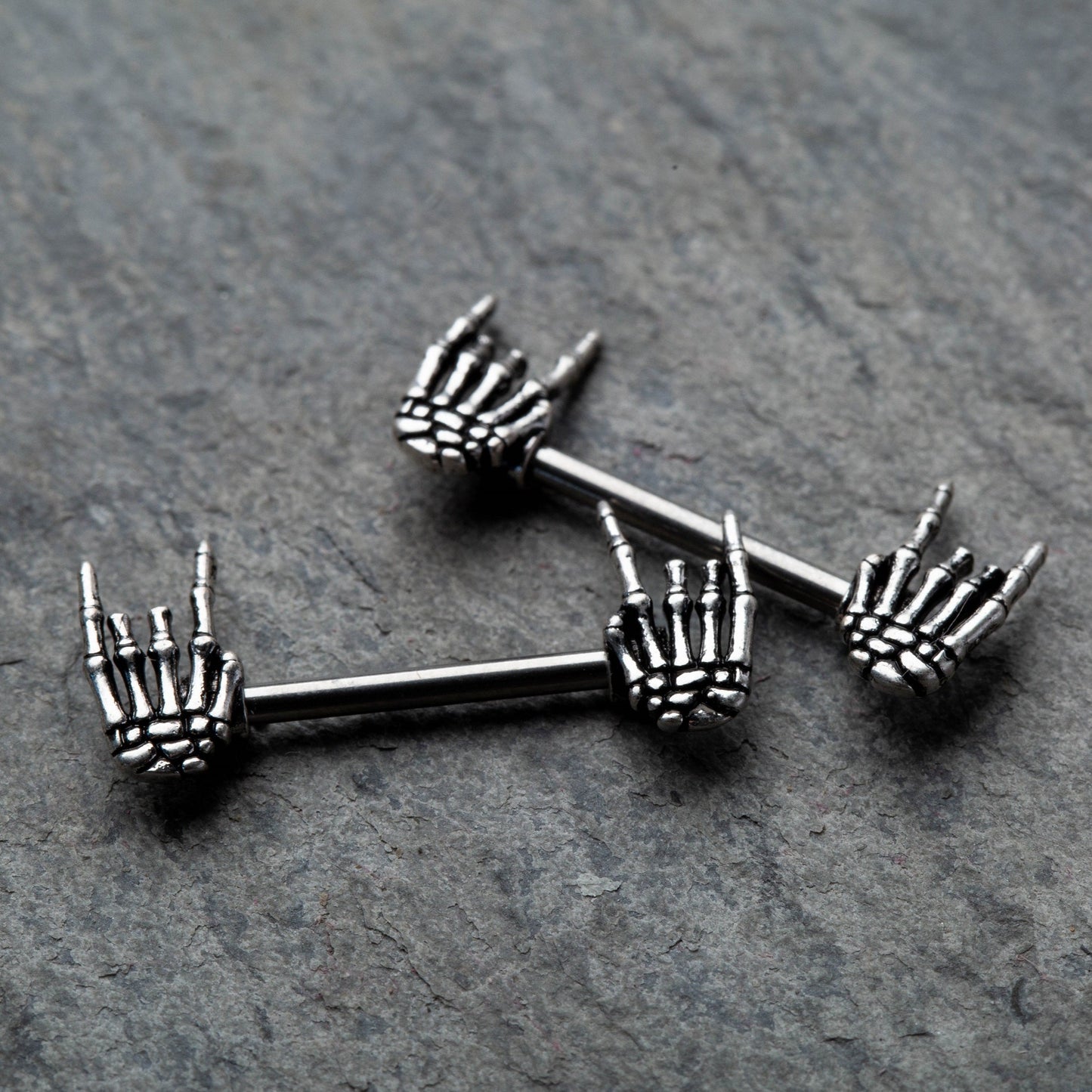 Skeleton Hand Nipple Barbells - 316L Stainless Steel - Pair