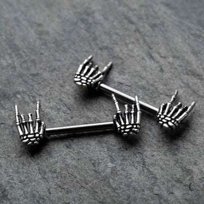 Skeleton Hand Nipple Barbells - 316L Stainless Steel - Pair