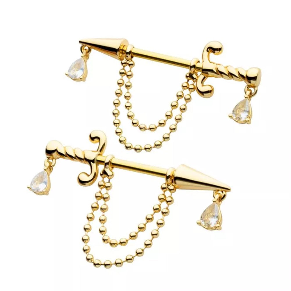 Dagger with Dangling Chains Nipple Barbells - Pair - Gold PVD 316L Stainless Steel