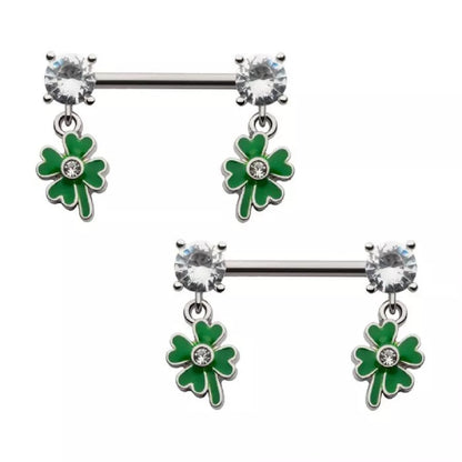 CZ Crystal Dangling Green Shamrock Nipple Barbells - Pair - 316L Stainless Steel