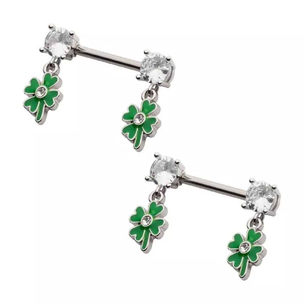 CZ Crystal Dangling Green Shamrock Nipple Barbells - Pair - 316L Stainless Steel