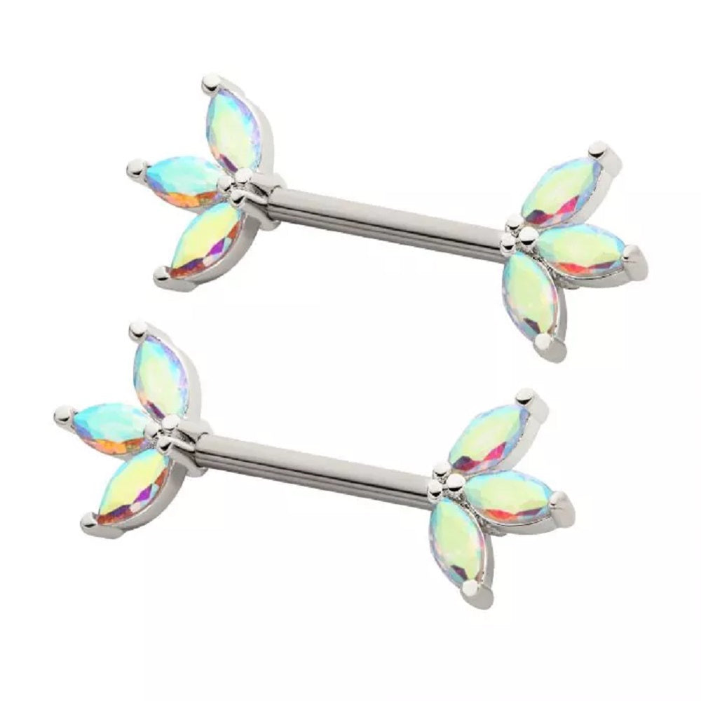Triple CZ Crystal Marquise Ends Nipple Barbells, Sold as a Pair - 316L Stainless Steel