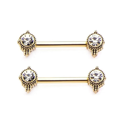 Vintage Style Bezel Set Clear CZ Beaded Ends Nipple Barbells - Pair - 316L Stainless Steel
