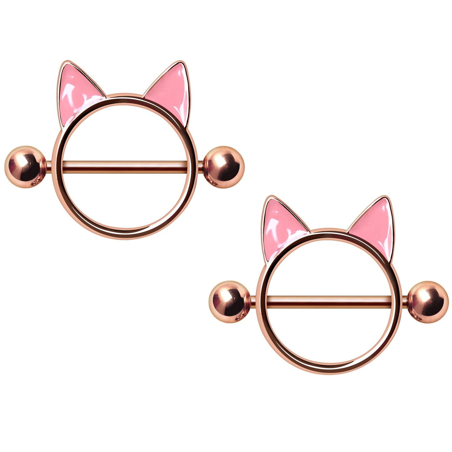 Pink Cat Face Nipple Shields - Rose Gold Plated 316L Stainless Steel - Pair