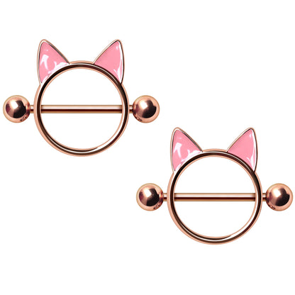 Pink Cat Face Nipple Shields - Rose Gold Plated 316L Stainless Steel - Pair