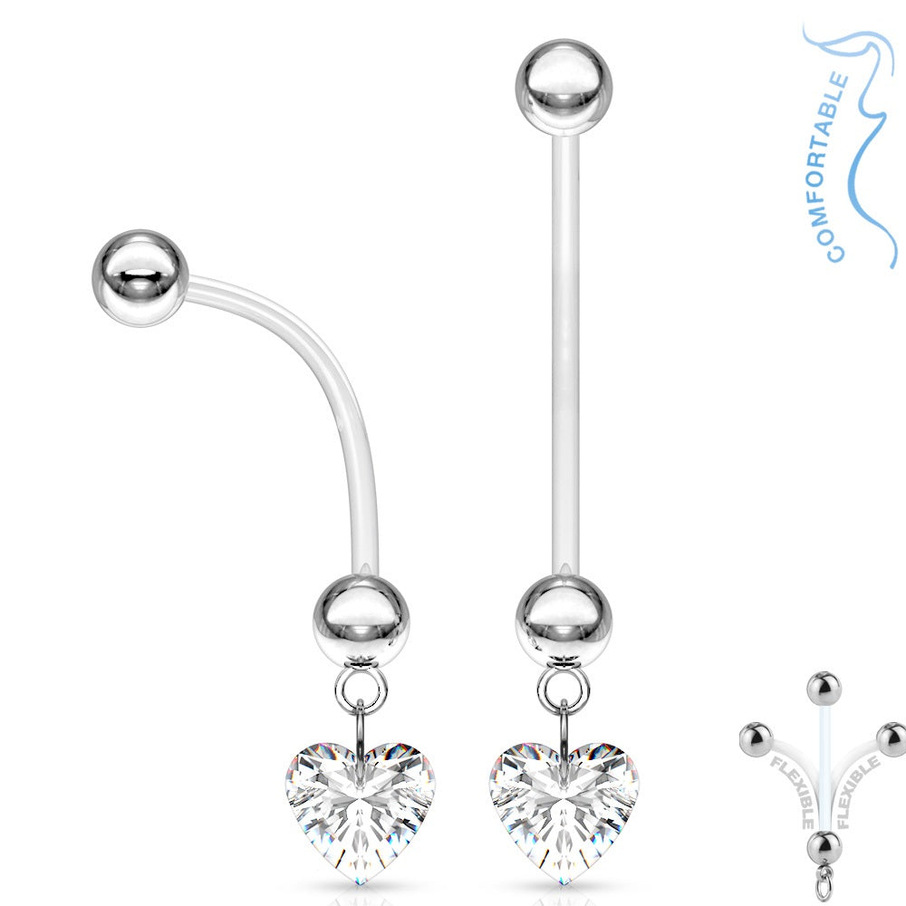 Dangling CZ Crystal Heart Maternity Pregnancy Belly Button Ring - Bioflex