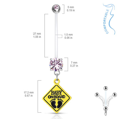 Double Jeweled Baby on Board Sign Dangle Pregnancy Maternity Bioflex Belly Button Ring Retainer - Stainless Steel