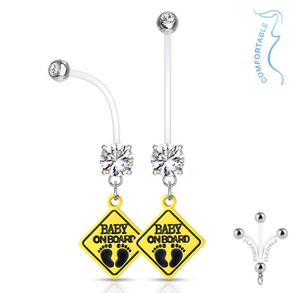 Double Jeweled Baby on Board Sign Dangle Pregnancy Maternity Bioflex Belly Button Ring Retainer - Stainless Steel