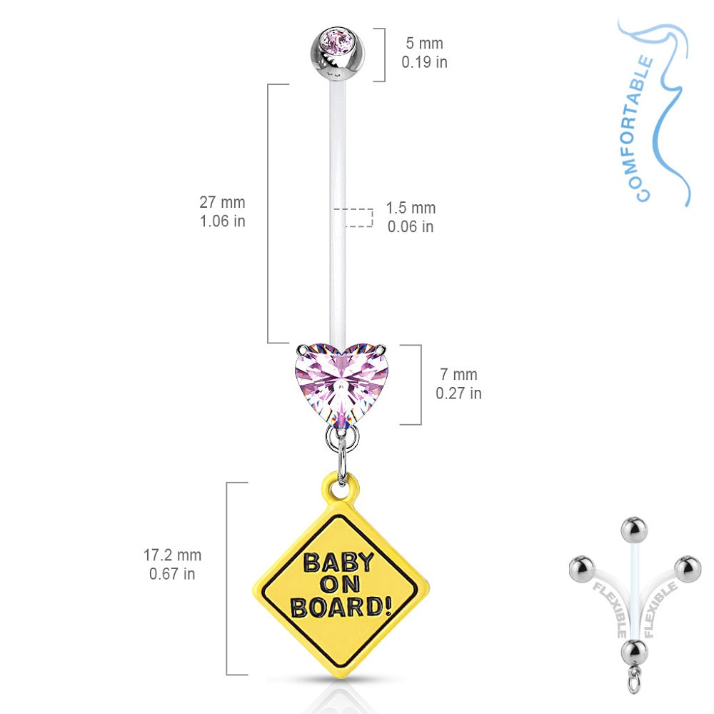 Double Jeweled Heart Baby on Board Dangle Pregnancy Maternity Belly Button Ring Retainer - Stainless Steel