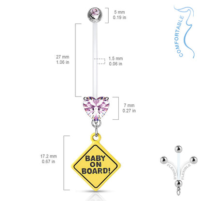 Double Jeweled Heart Baby on Board Dangle Pregnancy Maternity Belly Button Ring Retainer - Stainless Steel