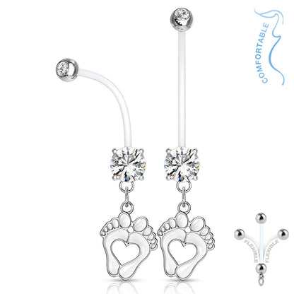 Double Jeweled Heart Baby Feet Dangle Pregnancy Maternity Belly Button Ring Retainer - Stainless Steel