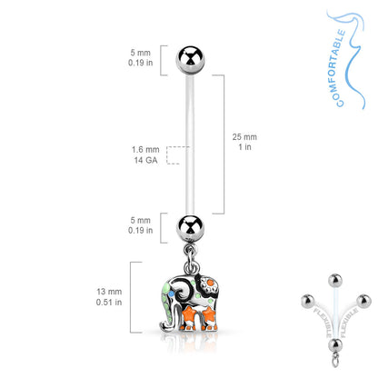 Colorful Elephant Dangling Pregnancy Belly Button Ring - Bioflex and 316L Stainless Steel