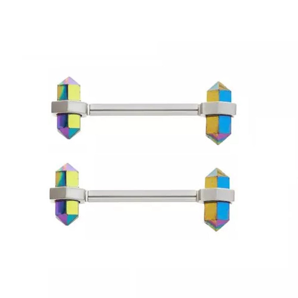 Internally Threaded Blue Aurora Borealis Crystal Nipple Barbells - Pair - 316L Stainless Steel