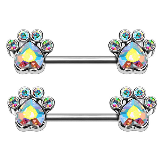 Aurora Borealis CZ Crystal Dog Paw Nipple Barbells - 316L Stainless Steel - Pair