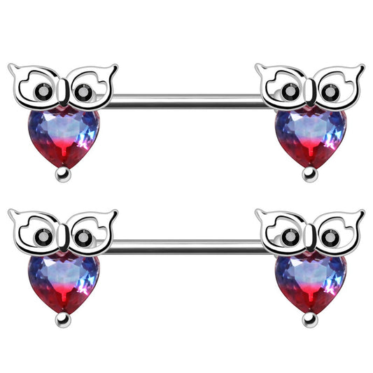 Red and Blue Ombre Crystal Owl Nipple Barbells - 316L Stainless Steel - Pair