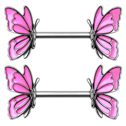 Hot Pink Butterfly Ends Nipple Barbells, Sold as a Pair - 316L Stainless Steel
