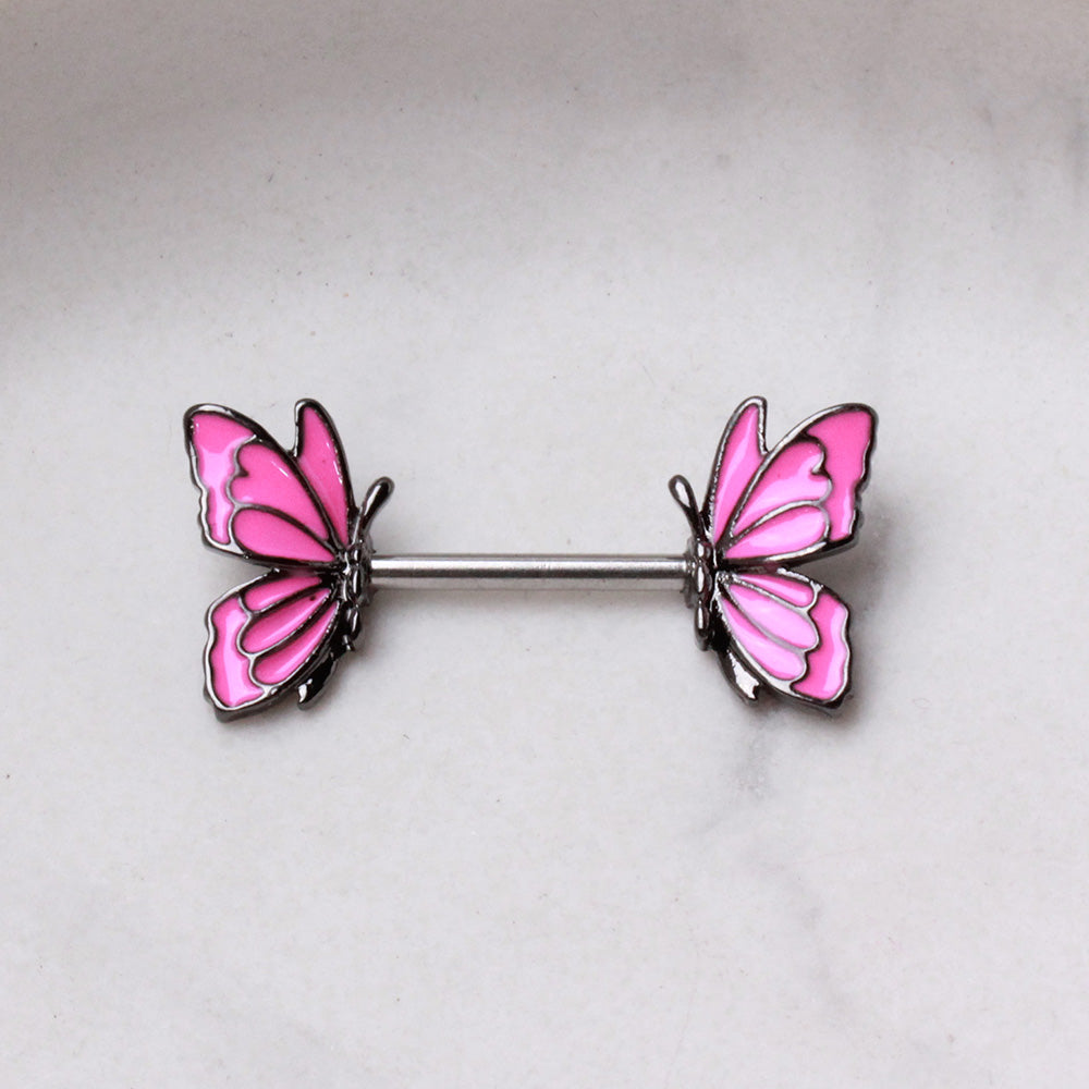 Hot Pink Butterfly Ends Nipple Barbells, Sold as a Pair - 316L Stainless Steel