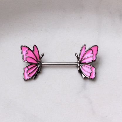 Hot Pink Butterfly Ends Nipple Barbells, Sold as a Pair - 316L Stainless Steel