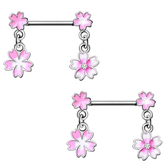 Pink Flower Dangling Nipple Barbells - 316L Stainless Steel - Pair