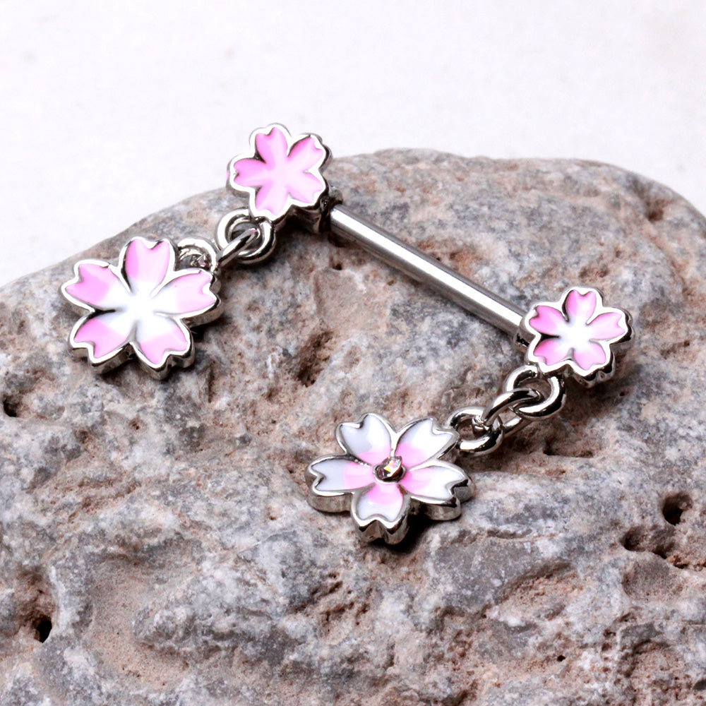 Pink Flower Dangling Nipple Barbells - 316L Stainless Steel - Pair