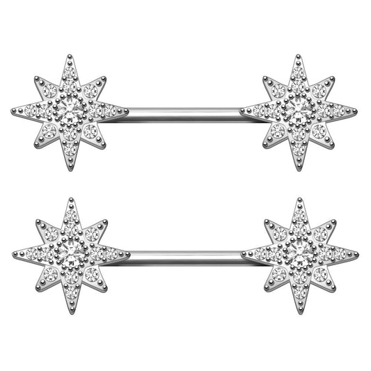 Glittering North Star Nipple Barbells - Pair - 316L Stainless Steel