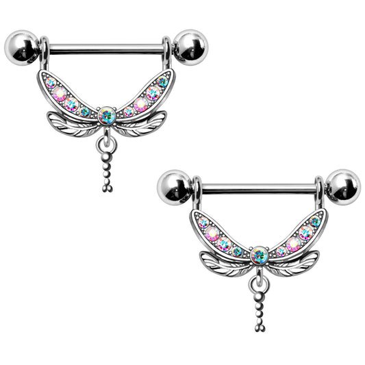 CZ Crystal Aurora Borealis Dragonfly Dangling Nipple Barbells - Pair - 316L Stainless Steel