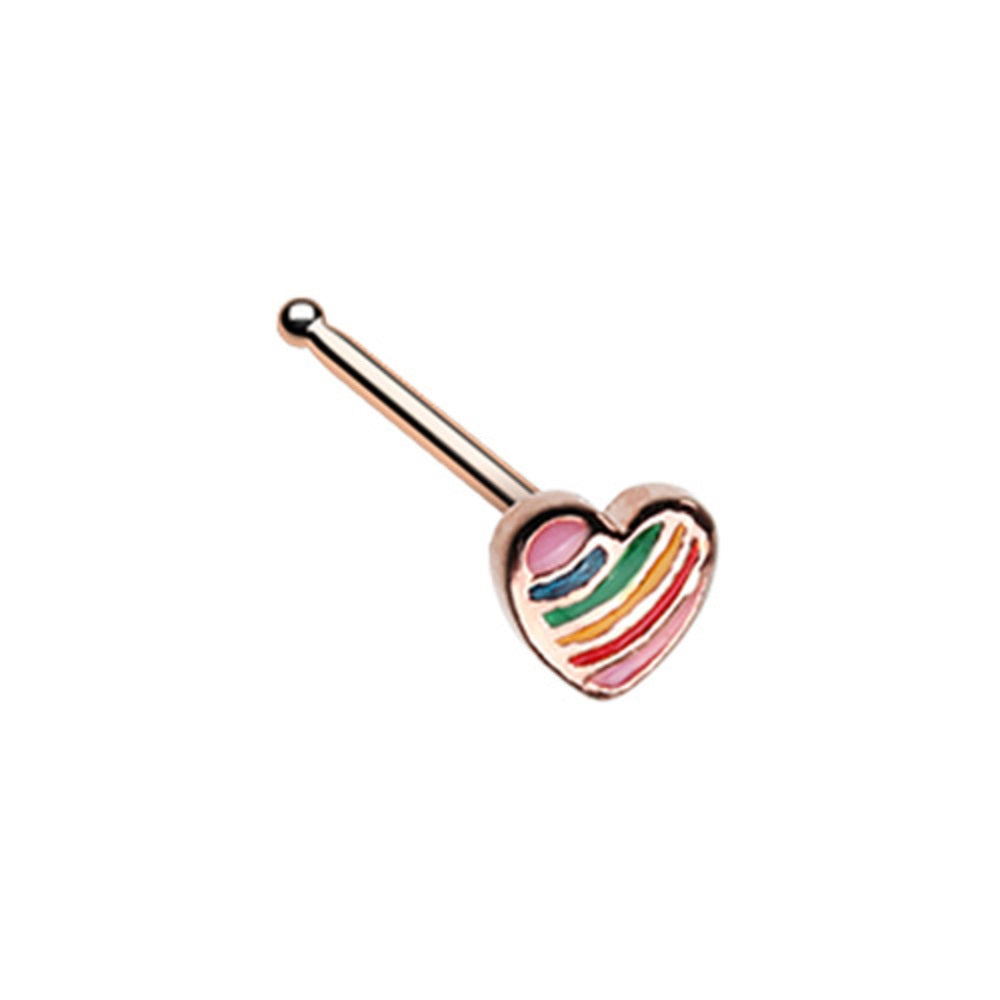 Rainbow Striped Heart Nose Ring Bone Stud - Stainless Steel