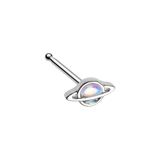 Illuminating Moonstone Saturn Planet Dainty Nose Bone Stud - Stainless Steel