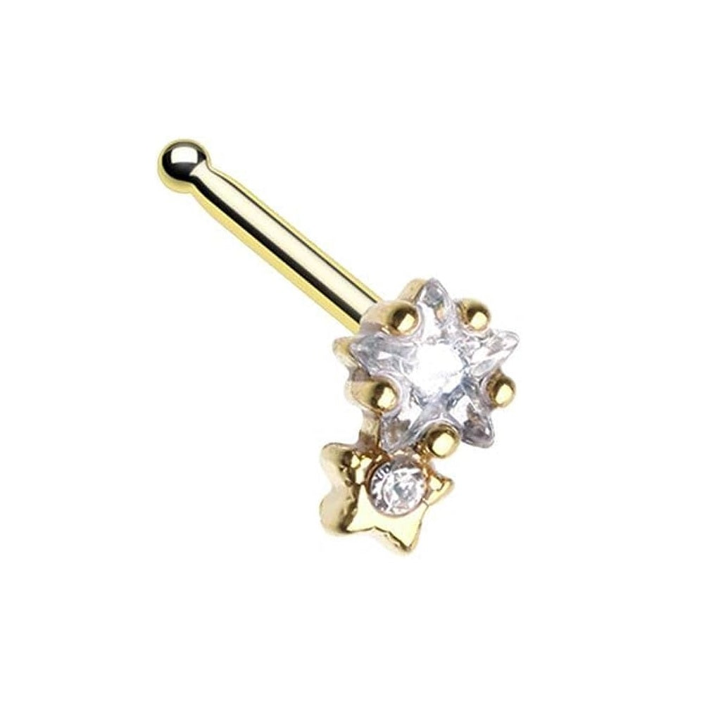 Crystal Double Star Nose Bone Stud - Gold Tone Stainless Steel
