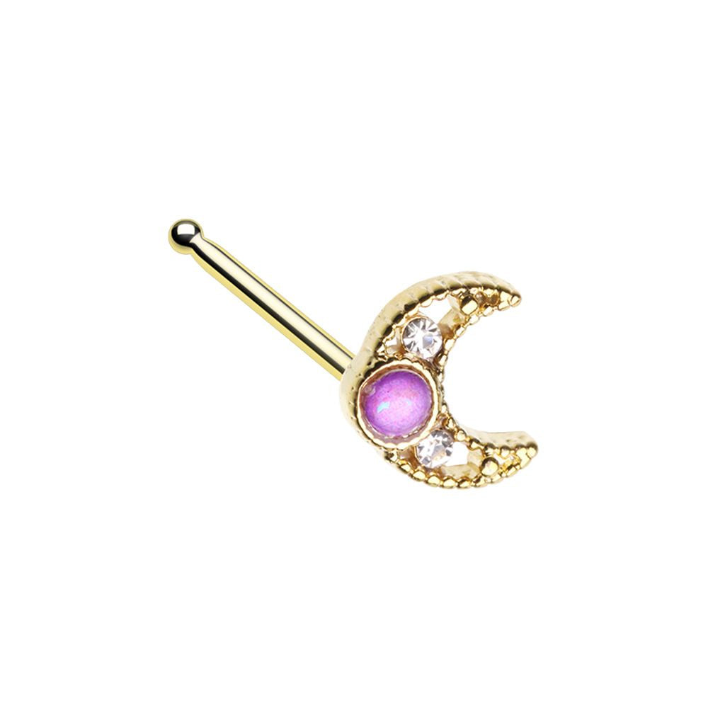 Purple Opalite Crescent Moon Nose Bone Stud - Gold Tone Stainless Steel